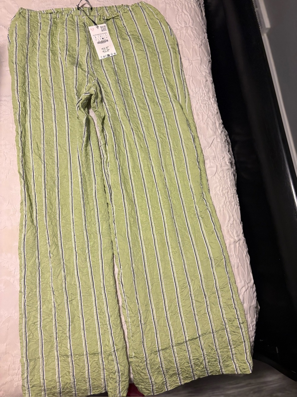 Zara Light Green and White Vertical Stripe Wide-Leg Pants